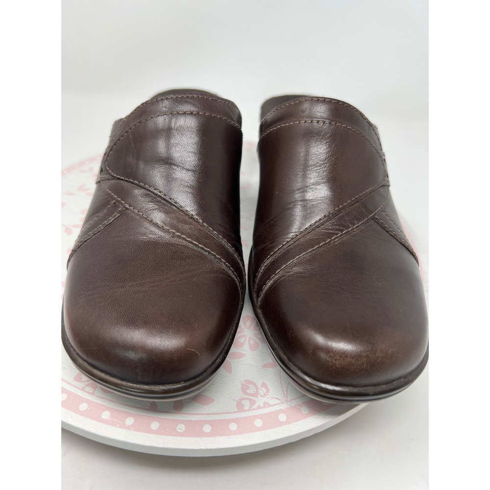 CLARKS Bendables Mules Women 9M Brown Leather Wedge Slide Stitch 62890 Cushioned - Picture 3 of 15